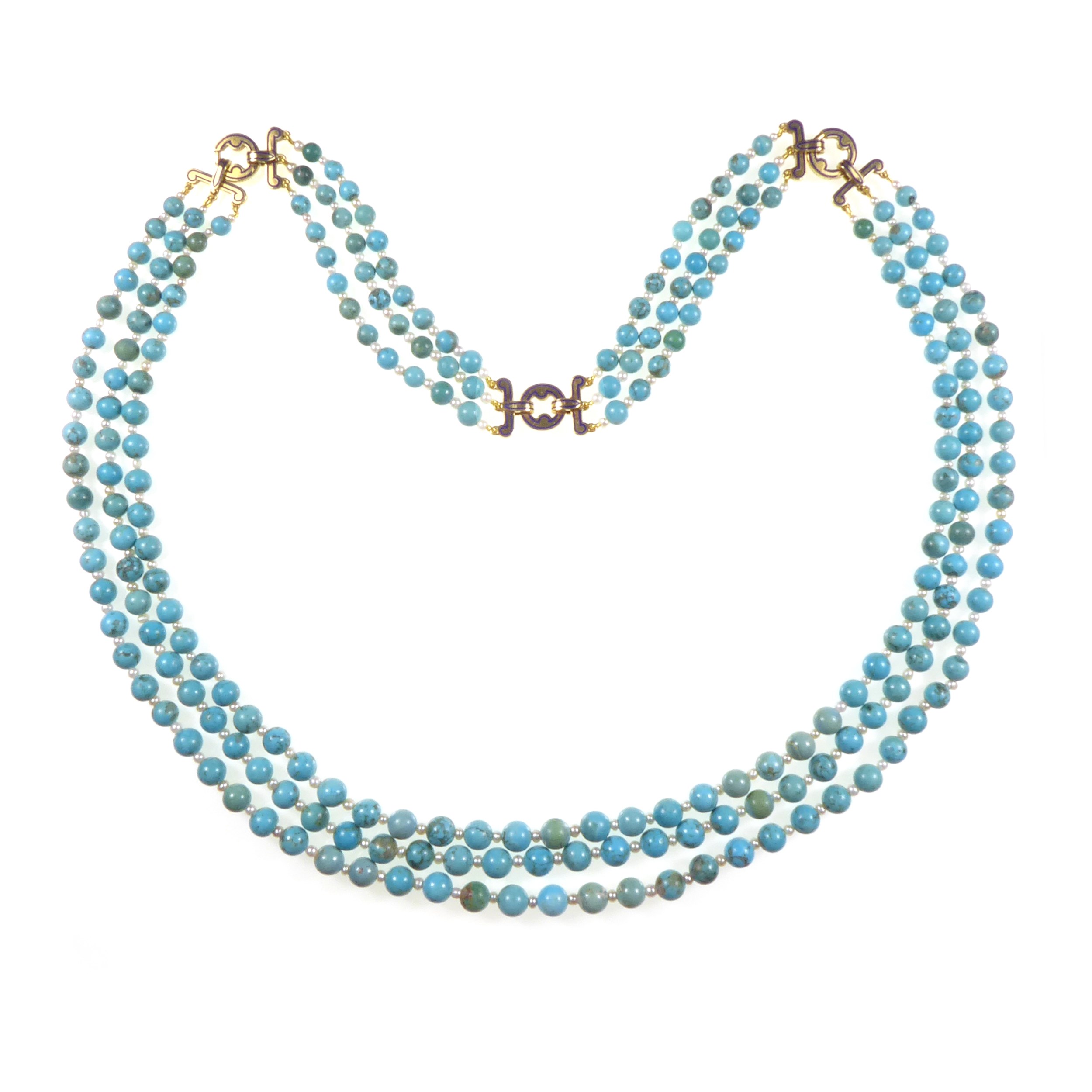 Cartier Turquoise bead and seed pearl three row necklace